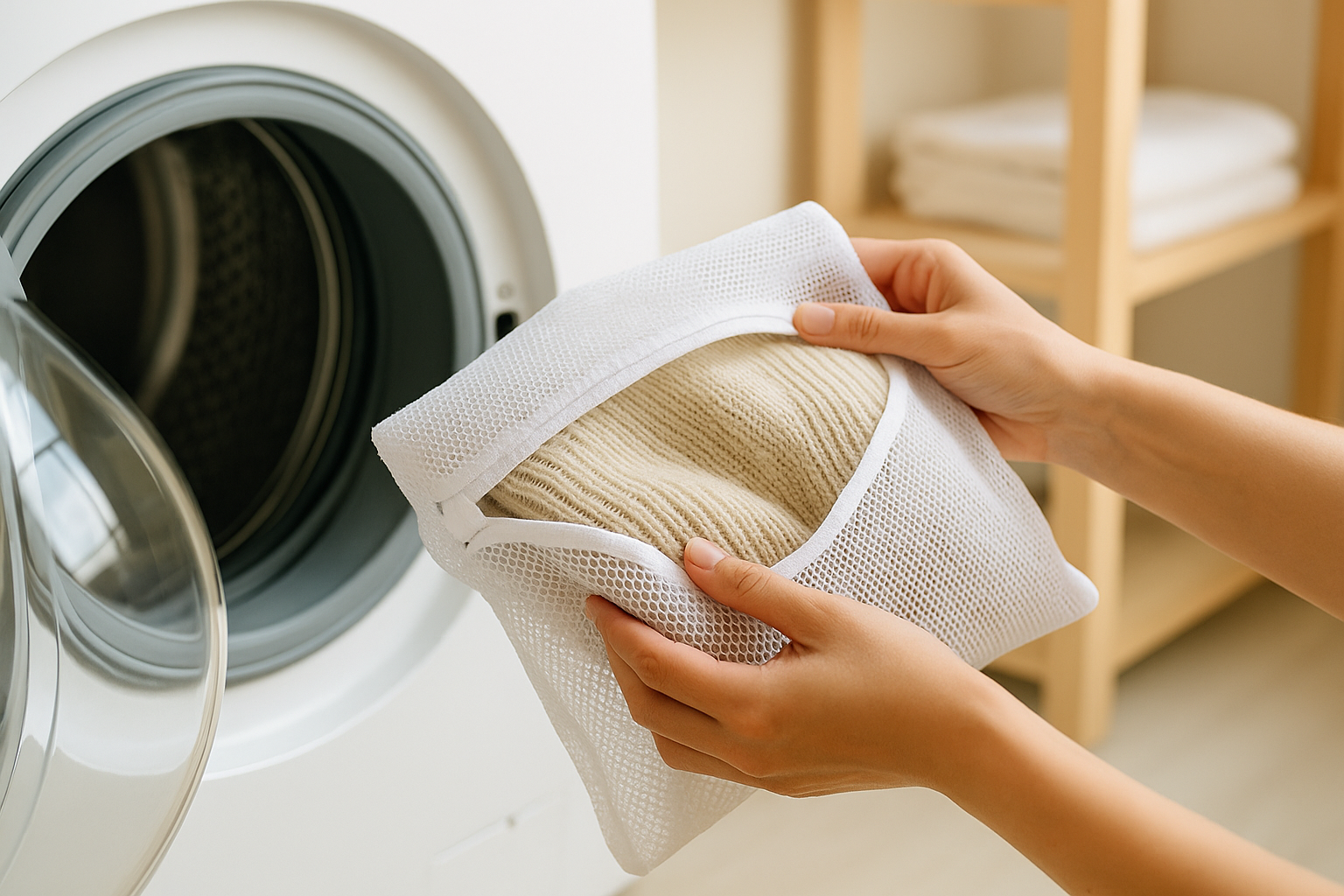 세탁망에 니트를 넣는 모습 — 얇은 니트·레이스 세탁 전 준비 컷