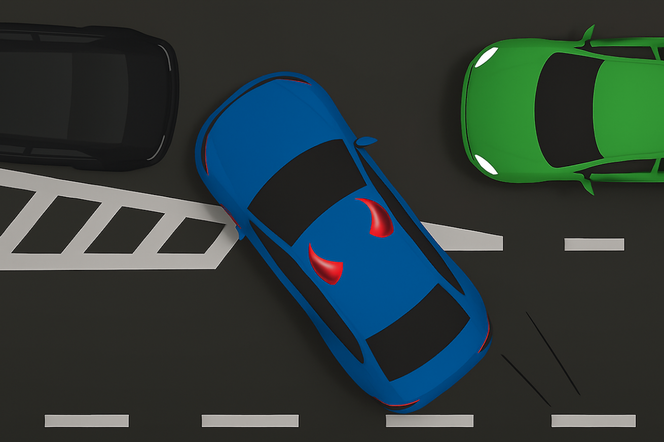 파란색 차량이 방향지시등 없이 줄 사이에 억지로 끼어드는 끼어들기 위반 상황을 묘사한 일러스트. 앞뒤 차량 주행을 방해하며 단속 대상이 되는 전형적인 사례.