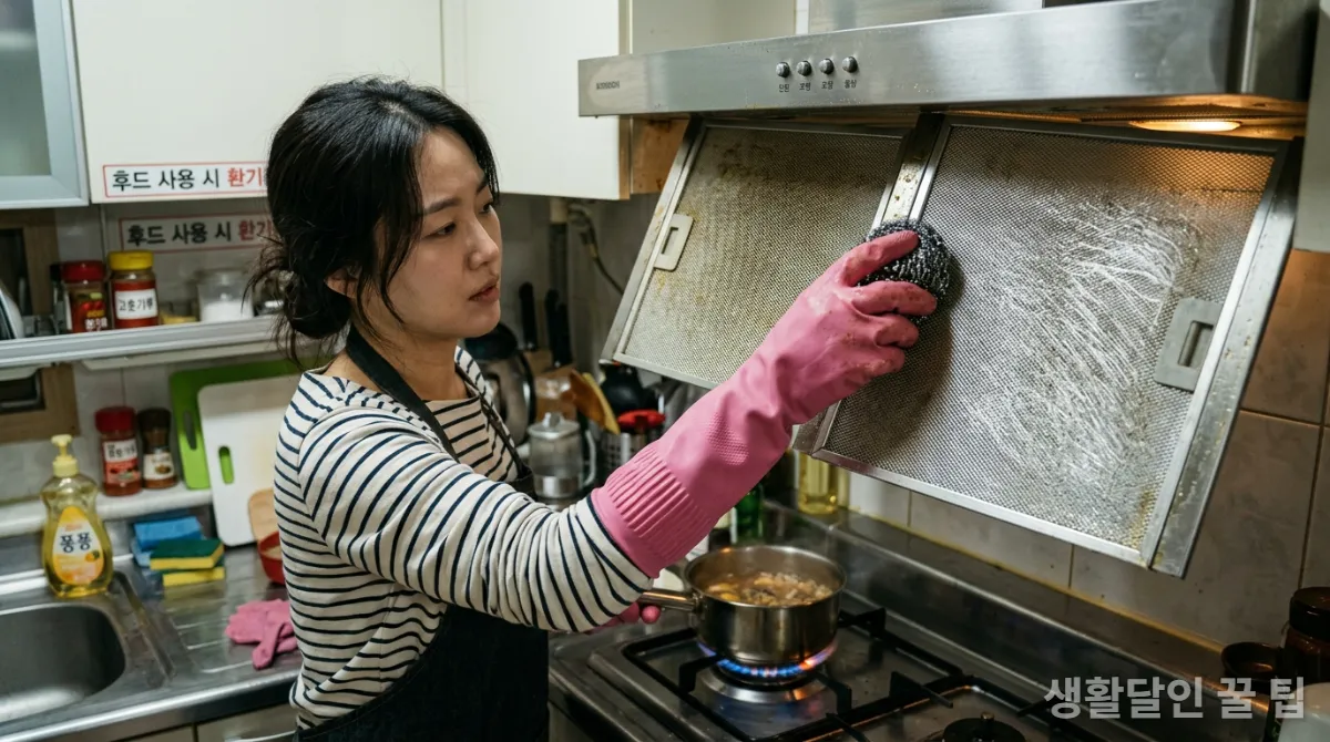 주방 후드를 금속 수세미로 청소하는 잘못된 모습