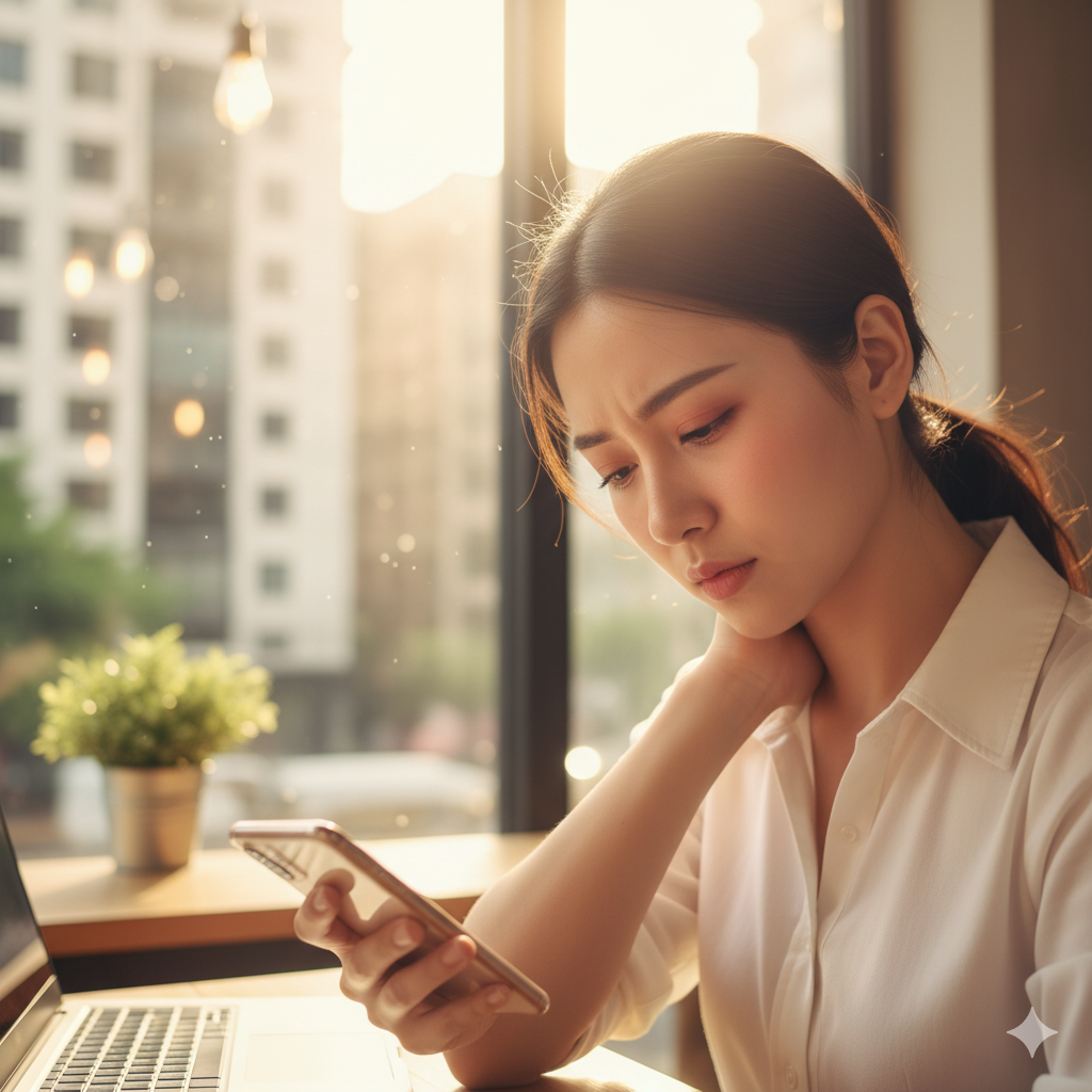 카페 창가에 앉아 고개를 숙이고 스마트폰을 보며 목덜미를 살짝 잡고 있는 지적인 아름다운 여성 모델.
