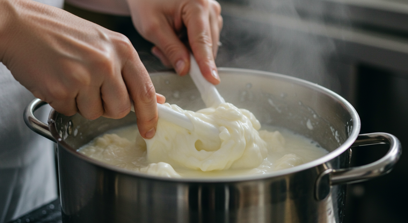 주걱으로 냄비 안에서 몽글몽글 굳어가는 치즈를 젓고 있는 손