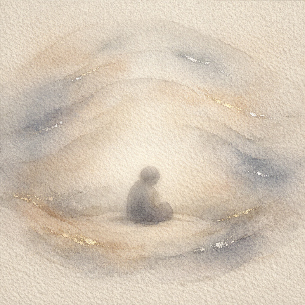 East Asian watercolor illustration of a small human figure gently enclosed by mist and earth, expressing quiet comfort and unconditional acceptance on traditional hanji paper