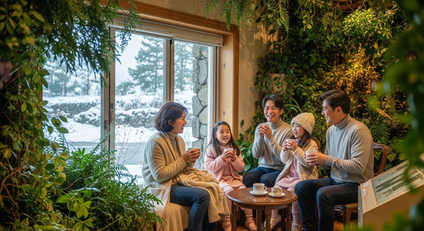 겨울 제주도에서 따뜻한 실내 박물관이나 카페에서 즐거운 시간을 보내는 한국인 가족의 모습.