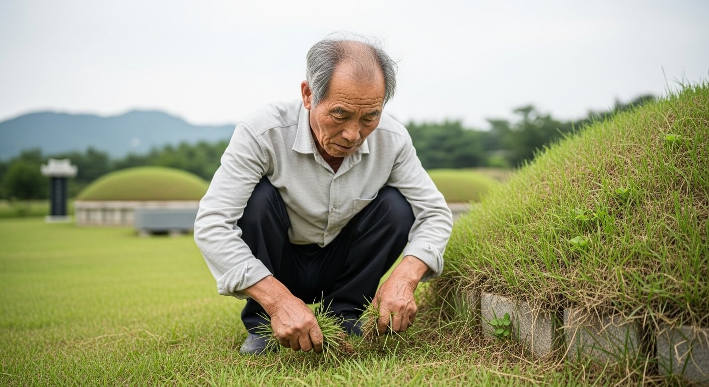 노인이 무덤 가장자리의 잡초를 뽑는 모습