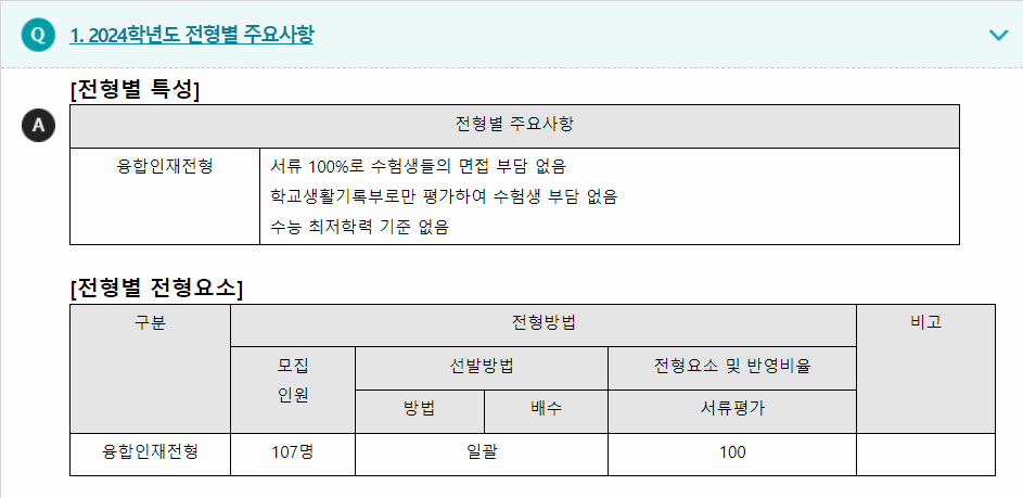 2024학년도 한서대학교 학생부종합전형 전형별 주요사항