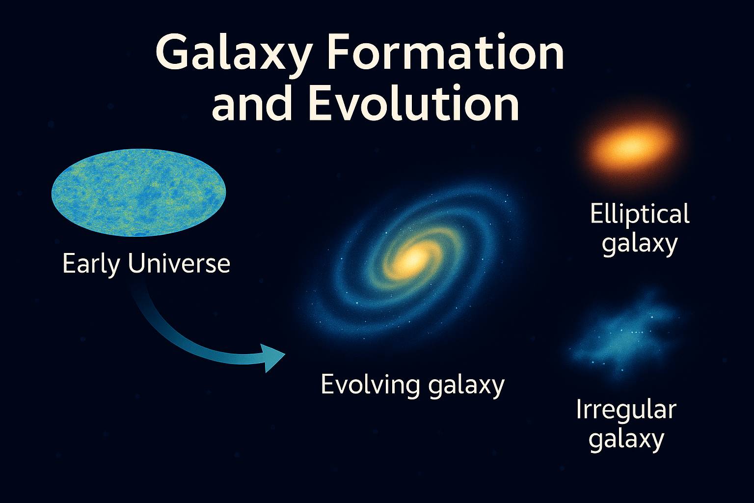 나선 은하와 타원 은하가 형성되는 과정을 시각적으로 보여주는 은하 진화 인포그래픽