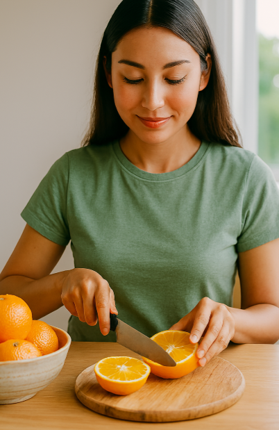 한 여성이 주방에서 신선한 오렌지를 직접 손질하는 모습