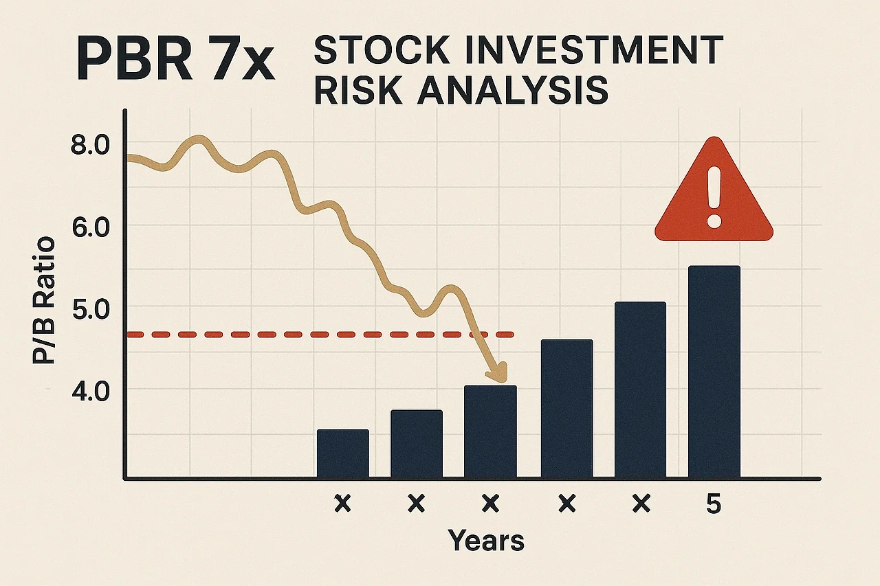 PBR 7배 주식 투자 위험 분석 차트와 경고 표시가 있는 금융 데이터 시각화 이미지