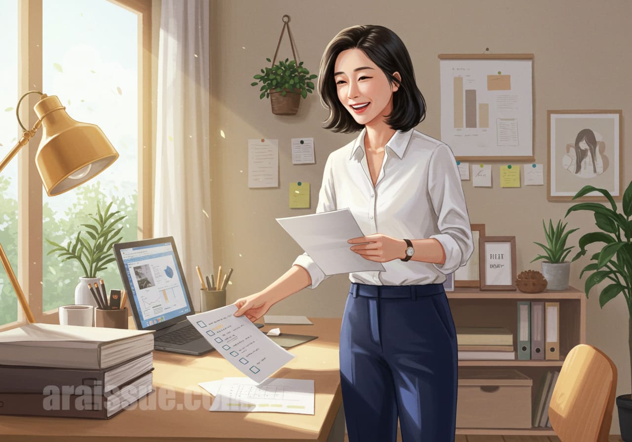 필요한 서류를 정리하며 청구 준비를 마친 40대 초반 여성의 긍정적이고 자신감 있는 표정과 정리된 책상이 특징입니다.
