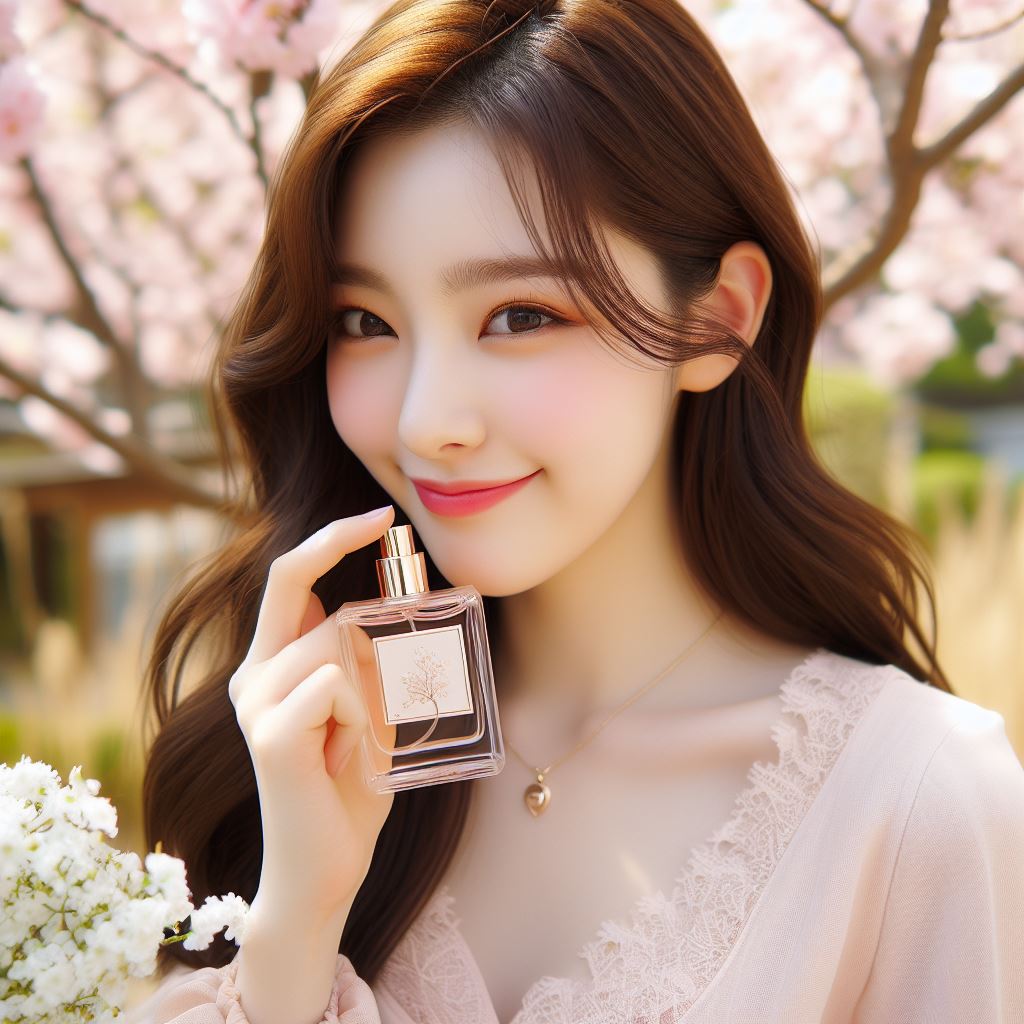 한국의 20대 긴 생머리 이쁜 여자 대학생이 향수를 들고 웃고 있는 모습