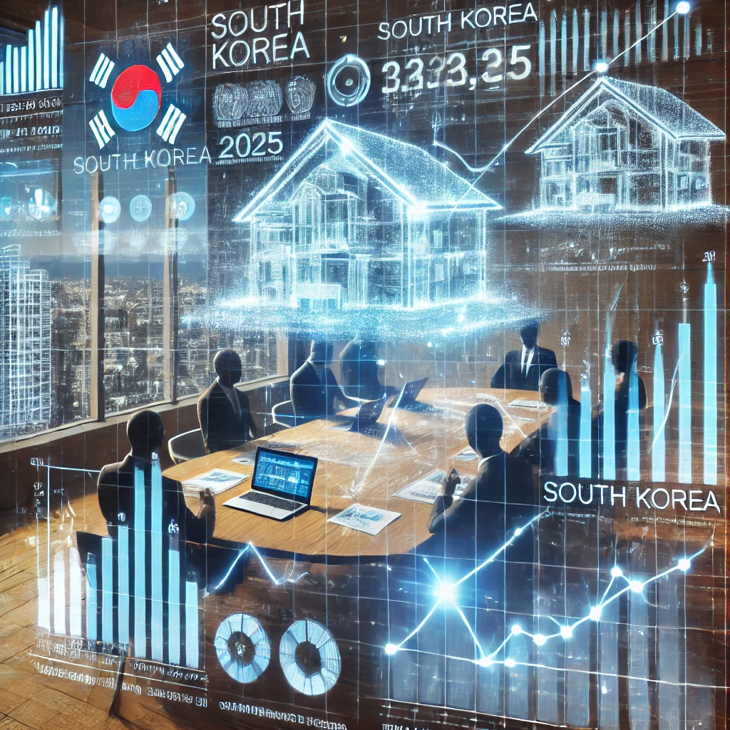 2025년 한국 부동산 시장 분석 장면, 홀로그램 그래프를 보며 전문가들이 가격 상승과 하락 가능성을 논의하는 모습.