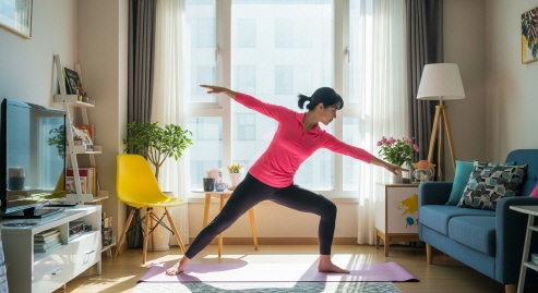 창문 옆 햇살 가득한 거실&amp;#44; 혼자 홈트하는 직장인