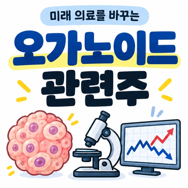 오가노이드 관련주 문구와 미니 장기 세포 구조, 주식 차트, 바이오 연구 아이콘을 보여주는 대표 카드