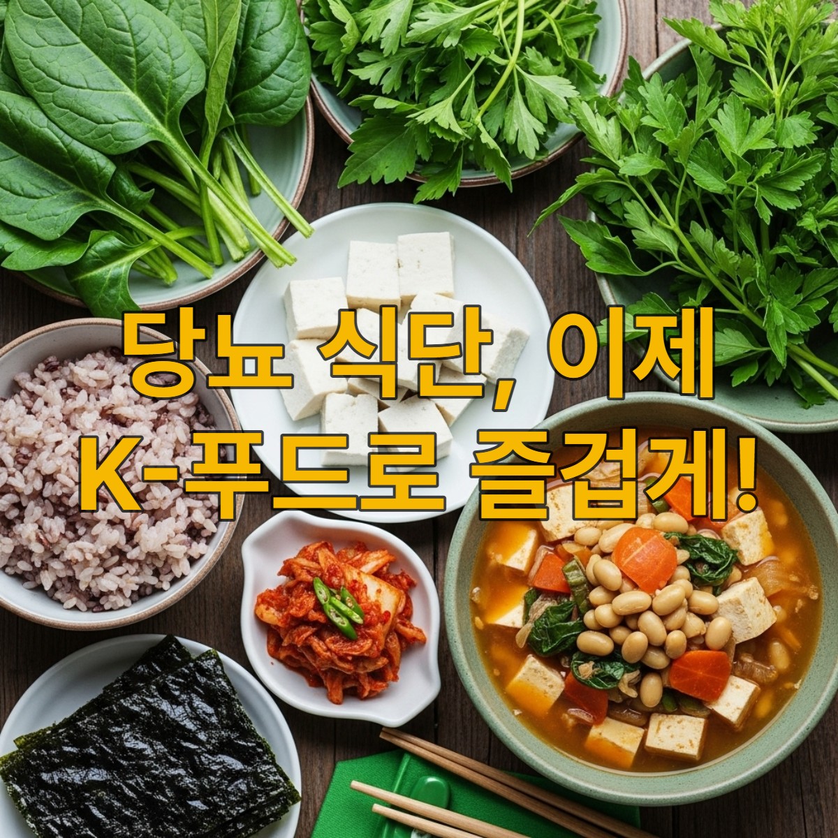 다양한 건강한 한국 식재료와 음식들이 먹음직스럽게 놓여있는 모습. 현미밥, 나물, 두부, 해조류, 저염 김치, 된장찌개 등이 포함되어 있으며, 당뇨 혈당 관리에 좋은 식단을 강조합니다.