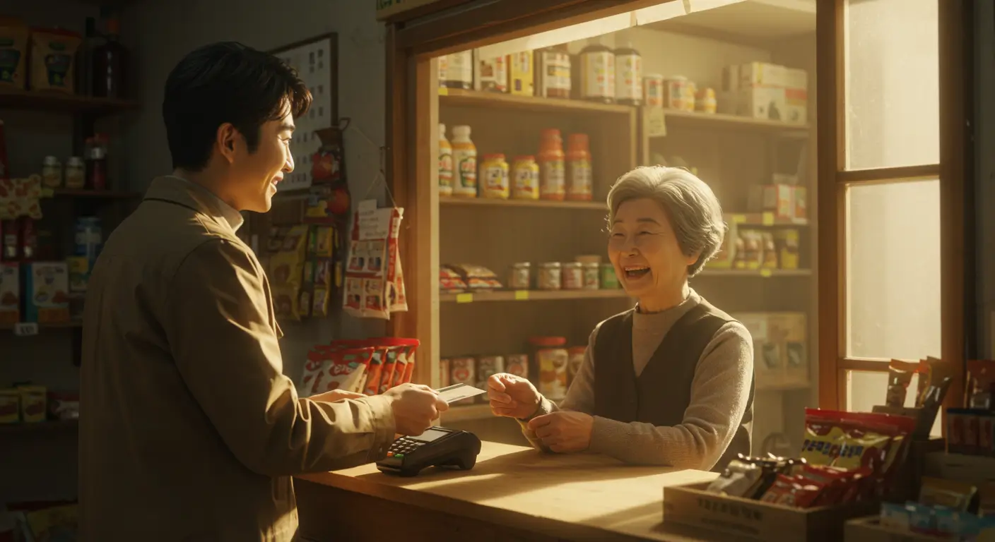 한 주민이 농어촌의 작은 동네 가게에서 민생회복 소비쿠폰(카드)으로 결제하며, 가게 주인과 함께 따뜻하게 미소 짓는 모습