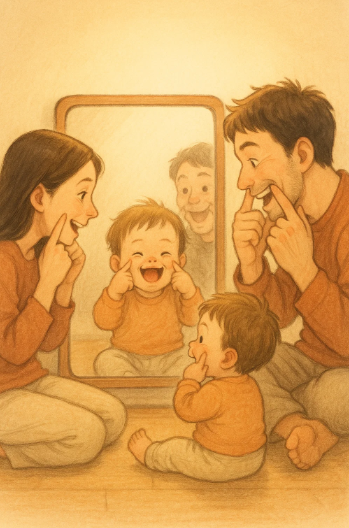 아기가 부모와 함께 거울 앞에서 웃으며 표정 놀이를 하는 장면