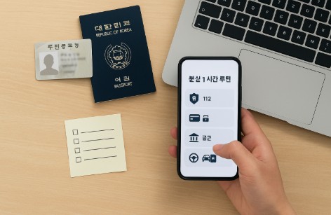 책상 위 여권과 주민등록증, 노트북, 스마트폰에 표시된 ‘분실 1시간 루틴’ 체크리스트