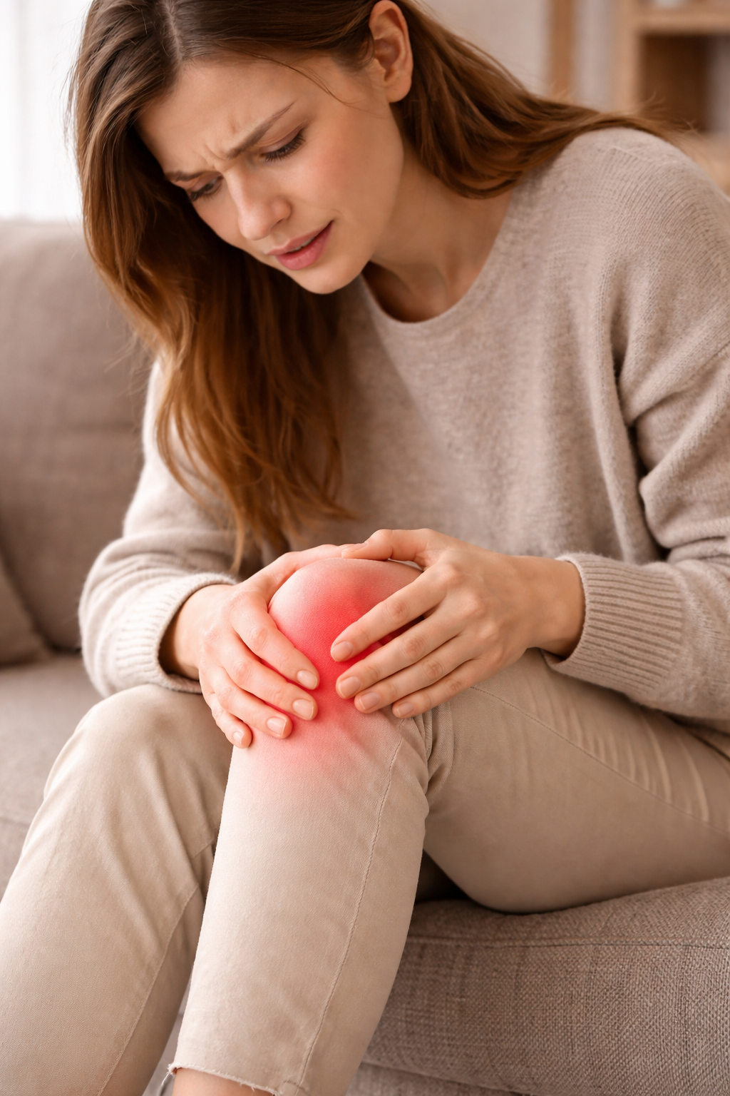 추운 날씨에 무릎 통증을 느껴 무릎을 감싸 쥐고 있는 모습