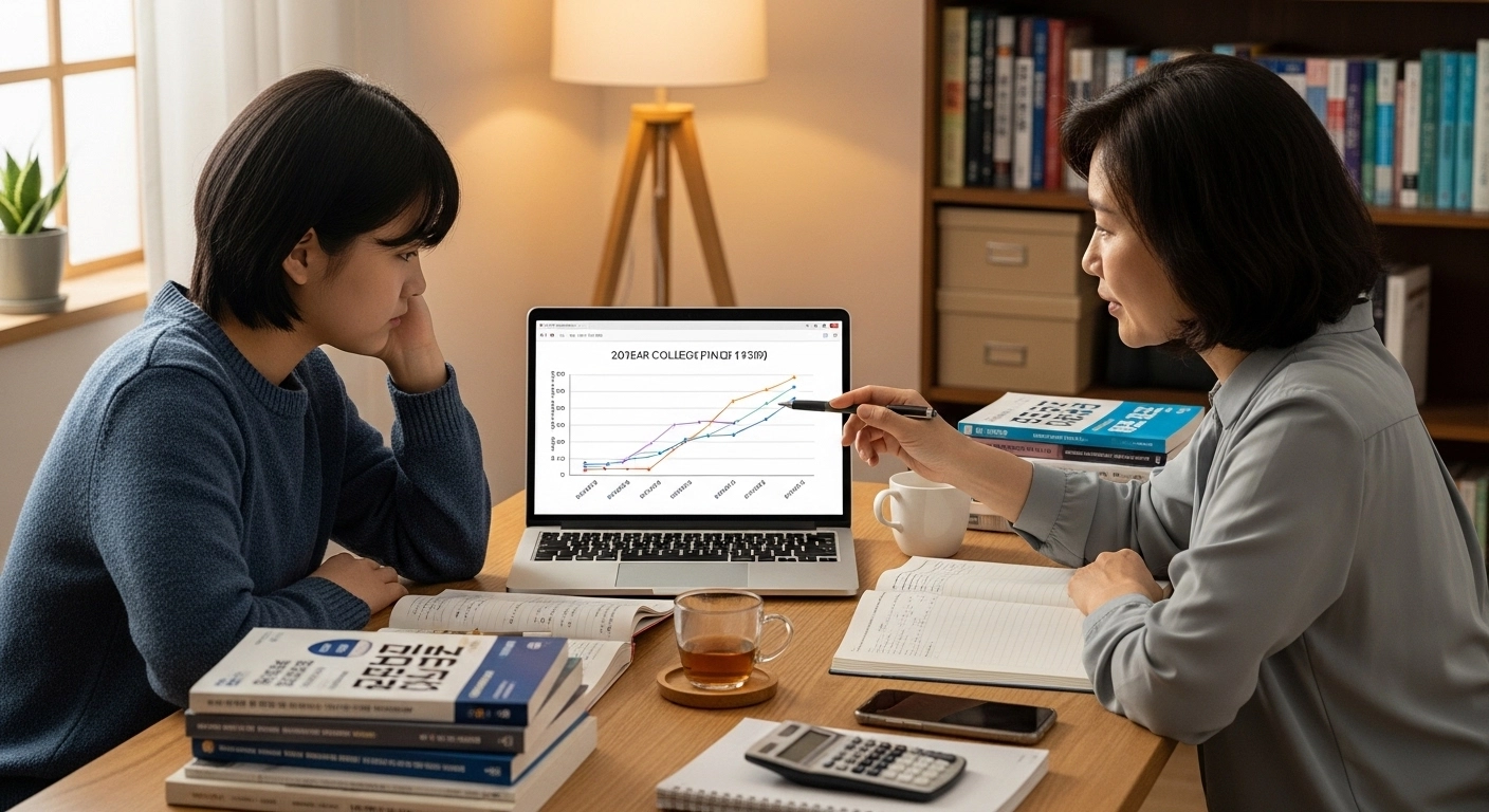 수험생과 부모가 대학 입시 자료를 비교 분석하는 장면