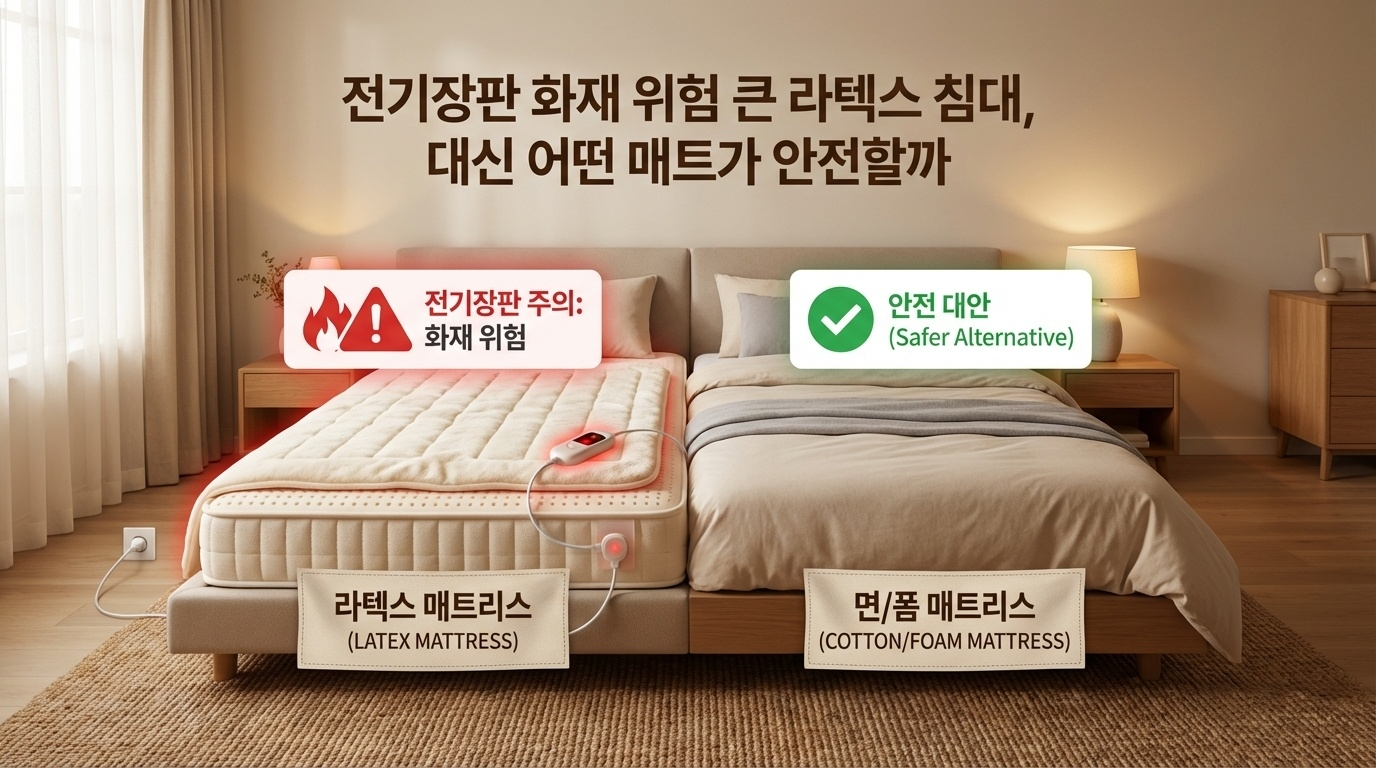라텍스 침대에 전기장판 사용 시 화재 위험! 소방청 실험 결과 3시간 후 100도 이상 상승. 메모리폼·솜 매트 등 안전한 대안, 온수매트·전기담요 비교, 안전 수칙 10가지, FAQ 30개 완벽 정리. KC 인증 제품 선택법까지
