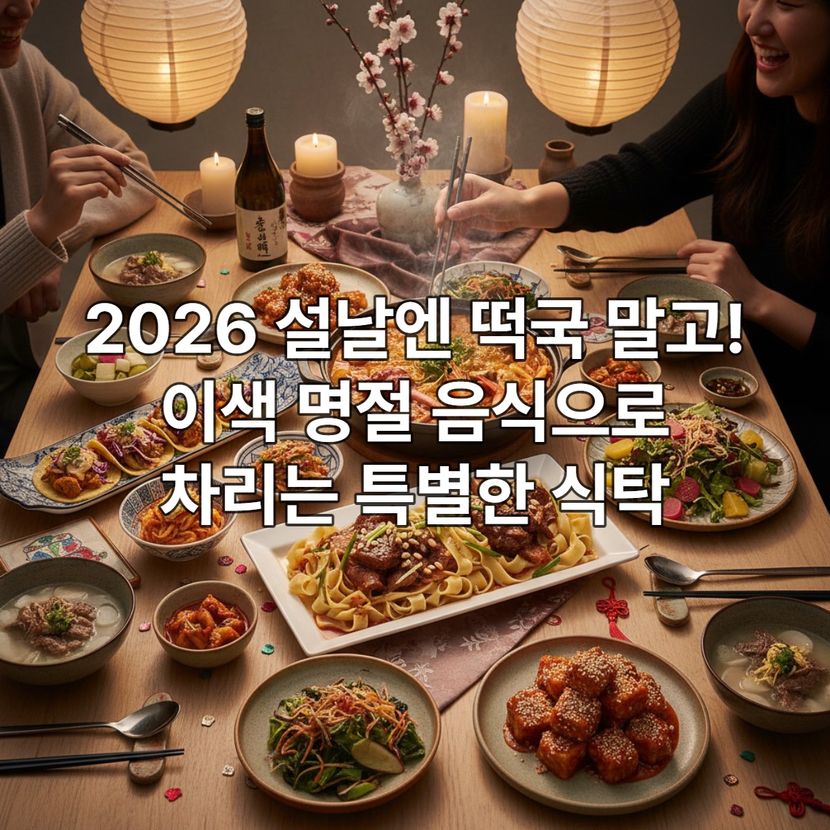 2026년 설날, 떡국 대신 이색 메인 요리와 퓨전 사이드 메뉴로 가득 찬 현대적인 명절 식탁.