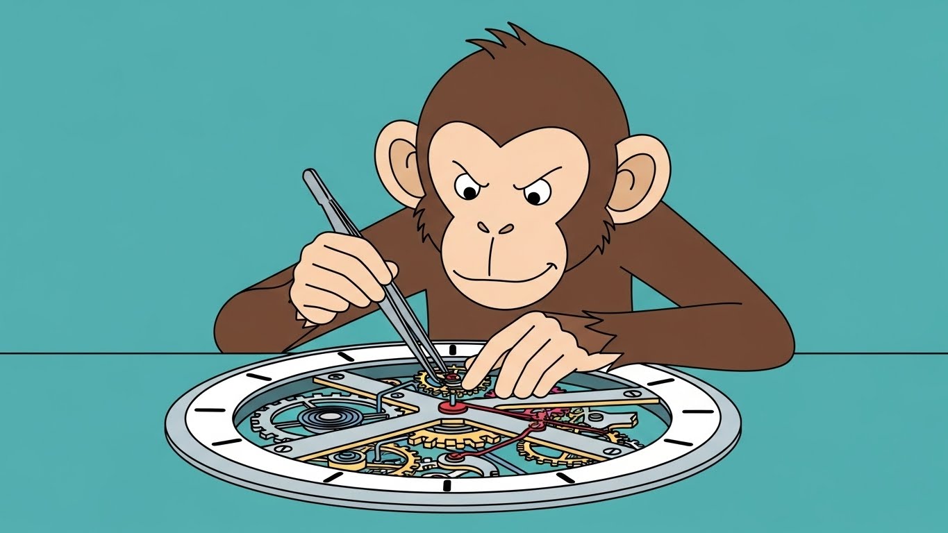 핀셋으로 복잡한 시계 태엽을 수리하는 영리한 원숭이 캐릭터의 2D 플랫 벡터 일러스트