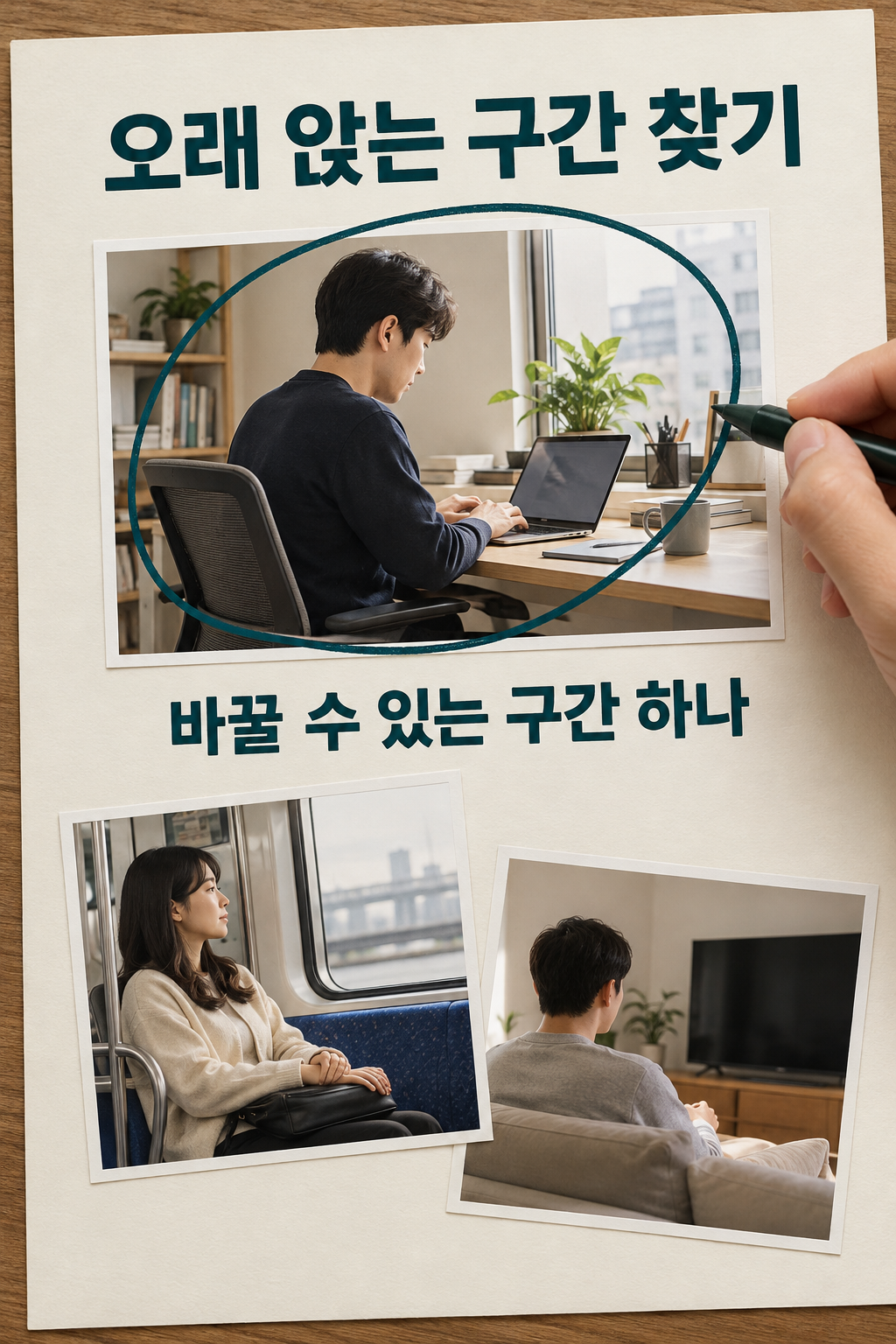 업무&middot;통근&middot;저녁 화면 시청 중 긴 책상업무를 표시한 하루 메모