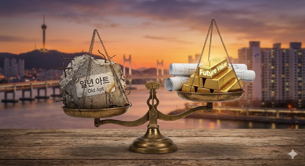 구축 아파트의 감가상각과 미래 대지 지분 가치를 비교하는 저울 컨셉 이미지