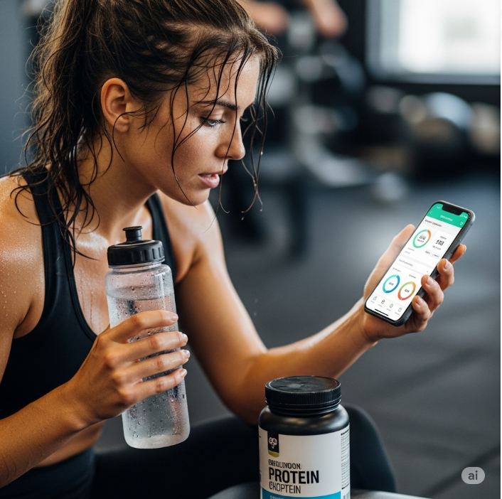 운동 후 땀을 흘리는 여성이 물병을 들고 스마트폰 헬스케어 앱을 보고 있는 모습. 옆에는 단백질 보충제 통이 놓여 있다