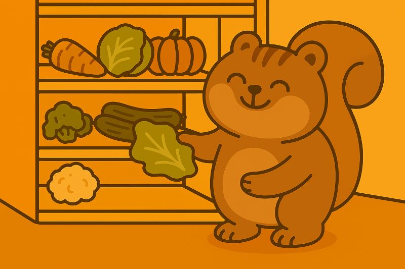 "귀여운 다람쥐 캐릭터가 냉장고 안에서 채소를 종류별로 정리하며 뿌듯하게 웃고 있는 만화 스타일 이미지."