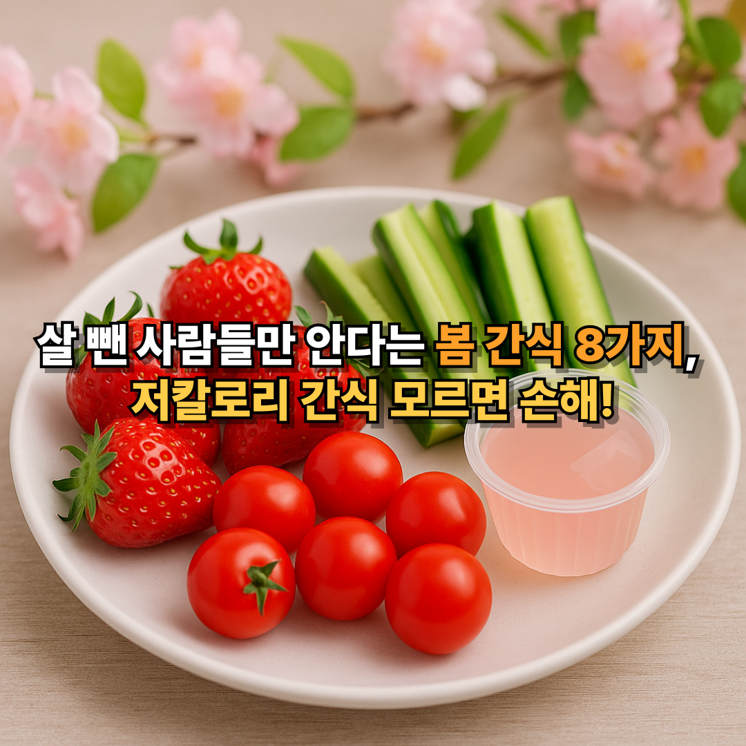 딸기, 오이 스틱, 방울토마토, 곤약젤리가 한 접시에 담긴 봄철 저칼로리 간식 모음