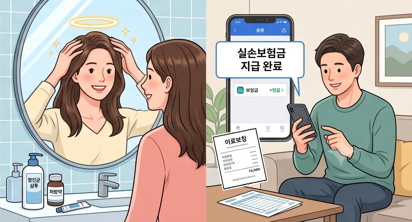 지루성 두피염 치료 후 건강해진 두피를 확인하는 여성과 스마트폰으로 실비보험금 지급을 확인하는 남성