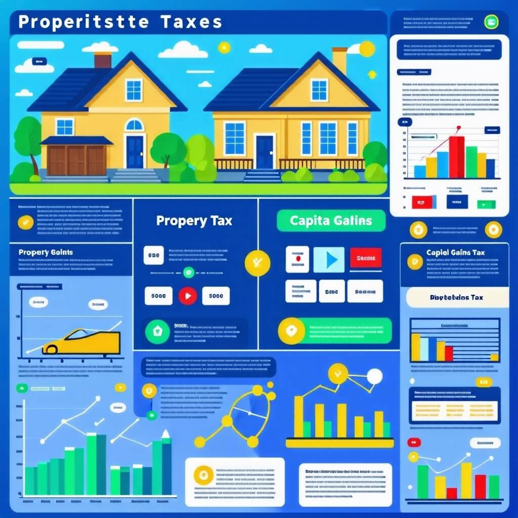 부동산 관련 세금(재산세, 양도소득세 등)에 대한 정보를 담은 인포그래픽