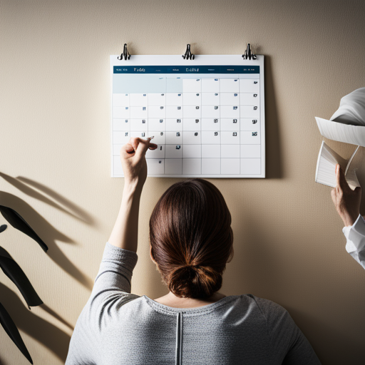 벽에 걸린 달력을 바라보는 사람의 모습. 달력의 날짜를 확인하는 데 어려움을 겪는 모습