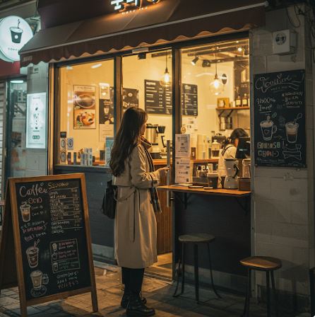 커피 주문하고 기다리는 여성 이미지
