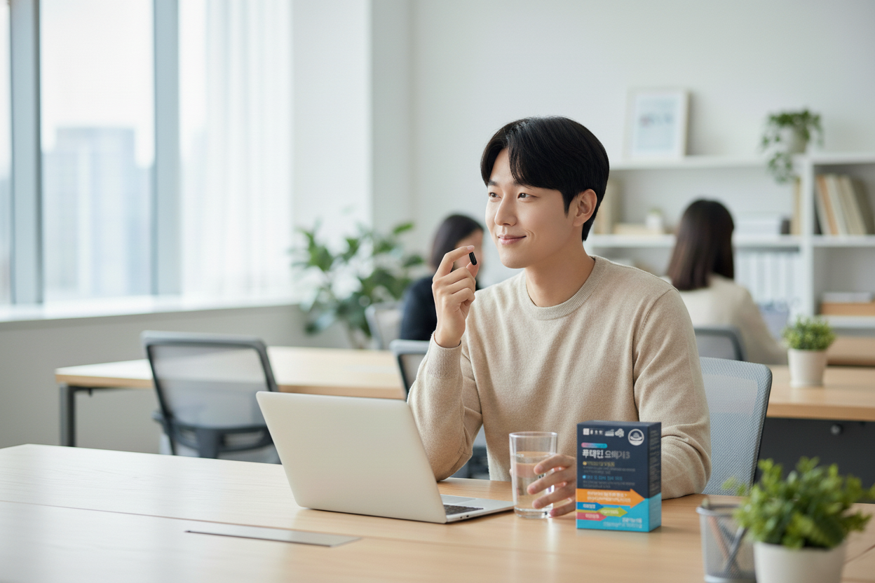 밝은 사무실에서 노트북 앞에 앉은 한국인 남성이 검은 소프트젤 캡슐과 종근당 루테인 오메가3 제품 박스를 두고 물과 함께 섭취를 준비하는 장면