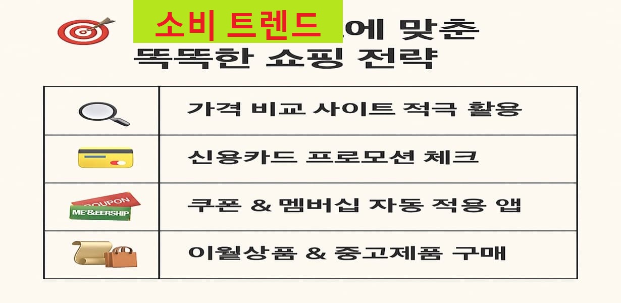 쇼핑 전략 4가지를 소개하는 인포그래픽 (가격 비교, 카드 혜택, 쿠폰 앱, 중고 구매)