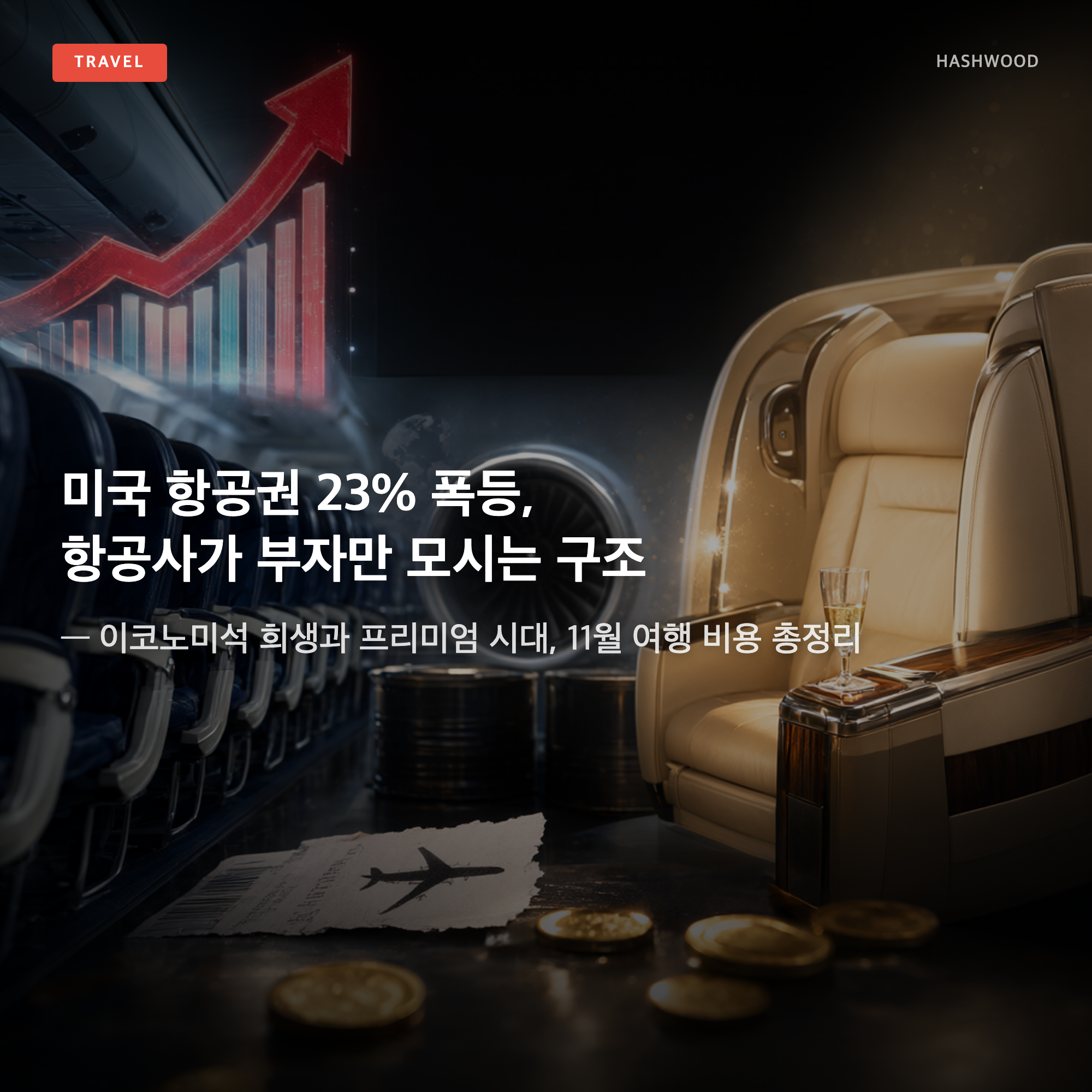 그림: 미국 항공권 23% 폭등, 항공사가 부자만 모시는 구조 — — 이코노미석 희생과 프리미엄 시대, 11월 여행 비용 총정리