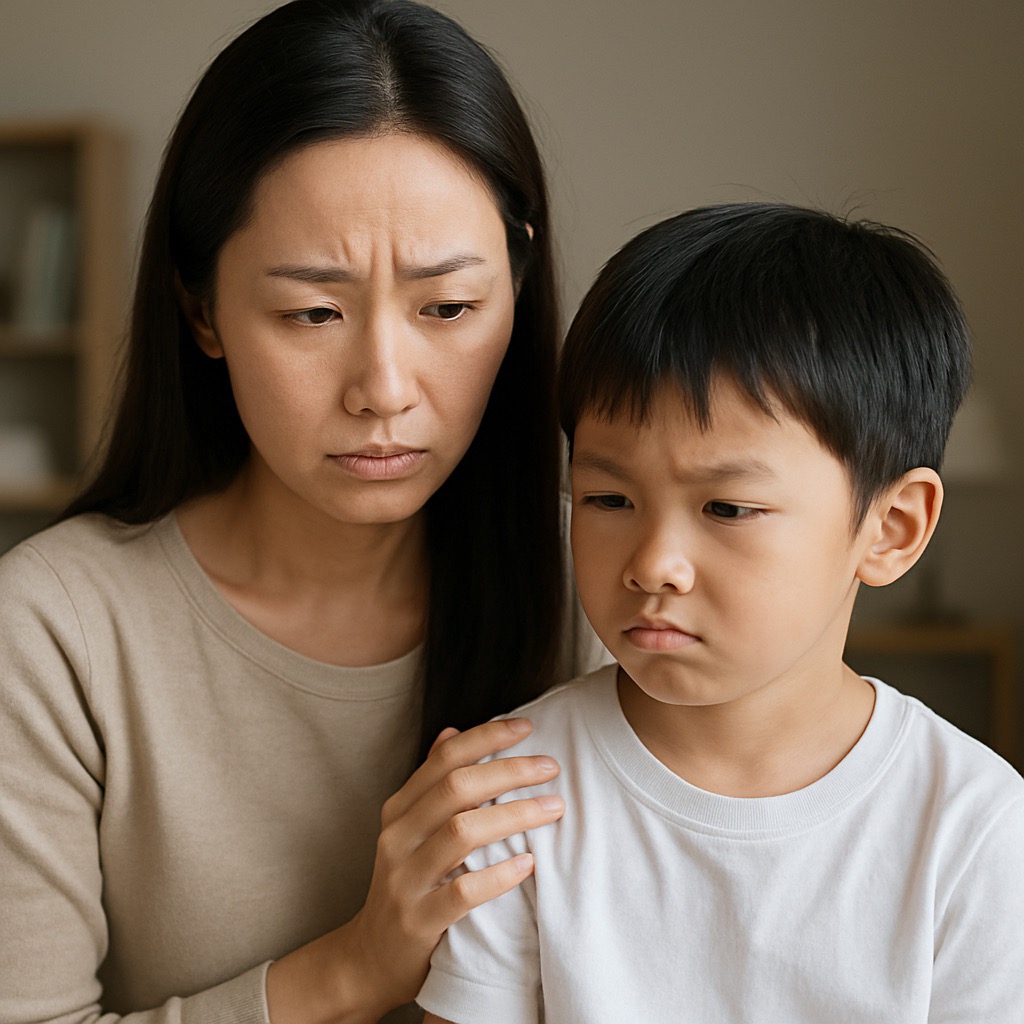 ADHD에 대해 고민하며 함께 앉아 있는 초등학생 남아와 그의 엄마(출처: 자체제작)