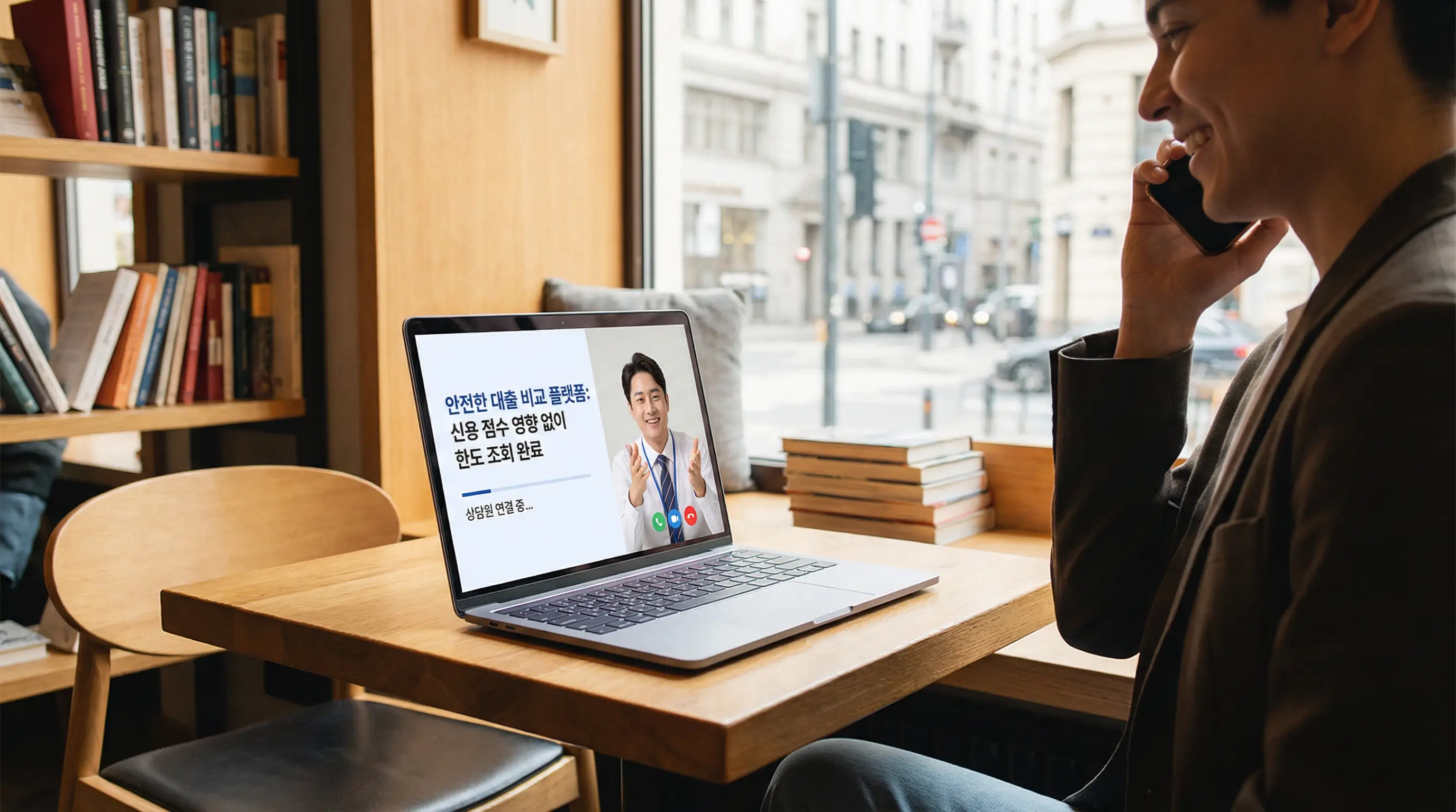 안전한 대출 비교 플랫폼을 통해 내 신용 점수 영향 없이 한도를 조회하고 상담원과 연결되는 모습