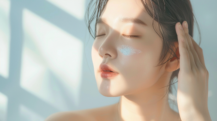 밝은 햇살 아래에서 자외선 차단제를 바르는 20대 여성, 깨끗한 피부톤, 자연광