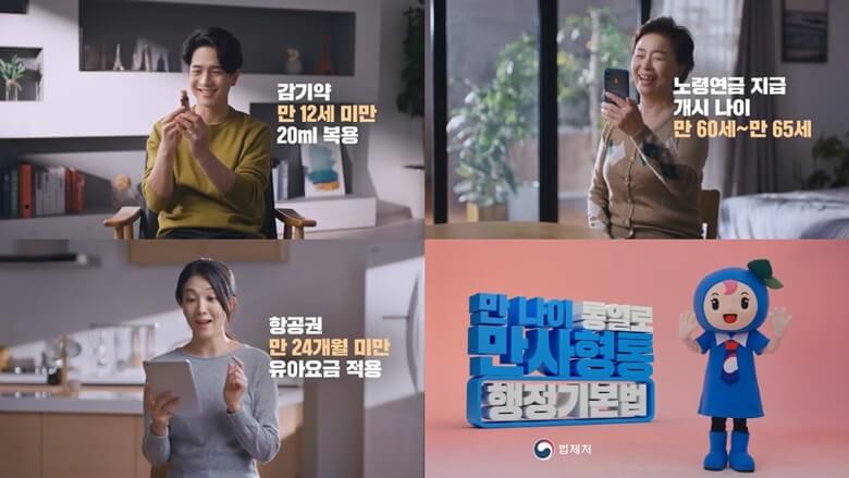 만나이 통일관련 상단 좌측부터 "감기약 만 12세 미만 20ml 복용" 문구와 함께 유리로된 약병을 양손으로 들고 웃고있는 모습과 "노령연금지급 개시나이 만60세~65세" 문구과 함께 할머니가 스마트폰을 왼손으로 들고 폰화면을 보며 웃는 모습, 하단좌측부터 "항공권 만 24개월 미만 유아요금 적용" 문구과 함께 한 여성이 오른손으로 타블릿을 들고 화면을 보며 놀라는 모습과 법제처의 행정기본법 홍보 캐릭터가 파란색 옷과 신발을 신고 양손을 흔드는 모습