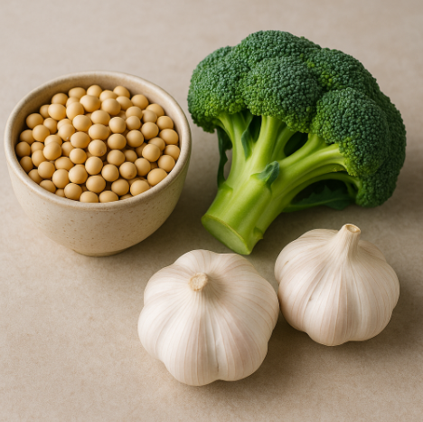 간 겅강에 좋은 콩, 브로콜리, 마늘
