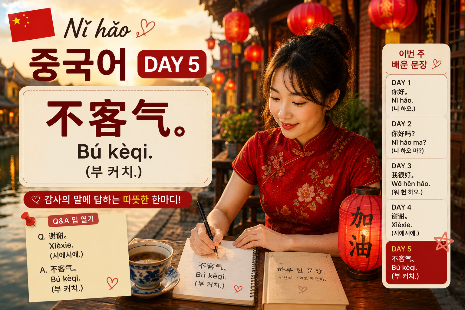 중국 전통 수향마을의 노을 진 거리를 배경으로 붉은 치파오를 입은 여성이 중국어 학습 노트에 문장을 적고 있다. 화면 중앙에는 「Nǐ hǎo 중국어 DAY 5」 와 오늘의 문장 "천만에요. 不客气。Bú kèqi. (부 커치.)" 가 크게 배치되어 있으며, 오른쪽에는 DAY 1부터 DAY 5까지 배운 중국어 문장들이 정리되어 있다. 중국어 초보자를 위한 학습 썸네일 이미지.