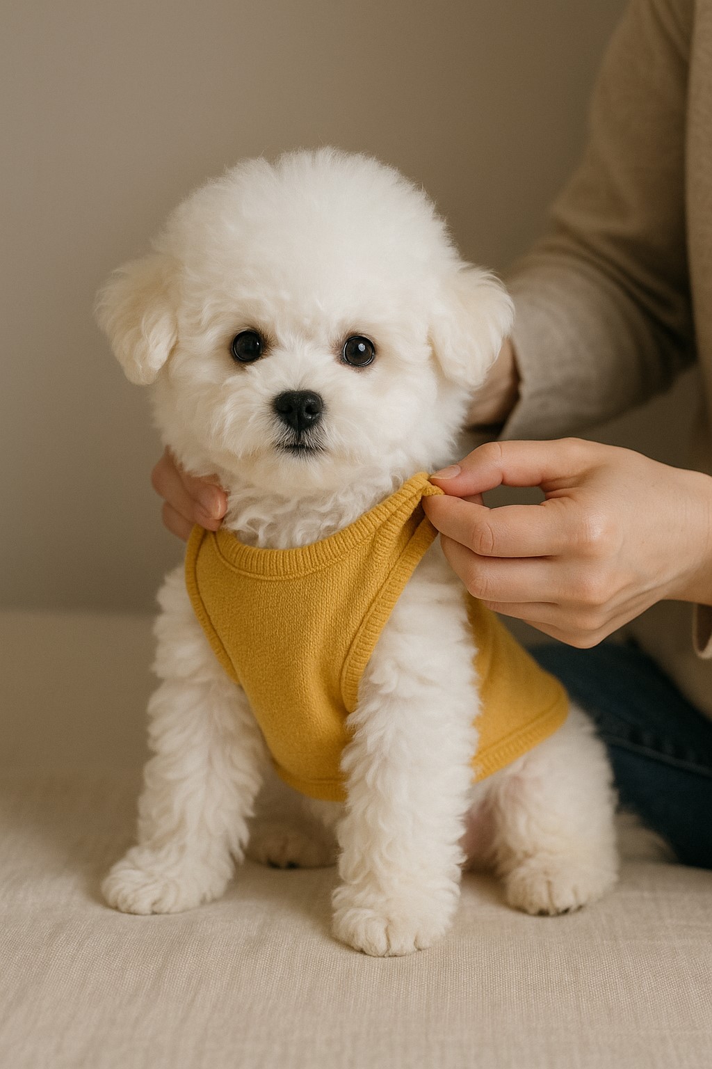 비숑 강아지에게 옷 입히는 모습