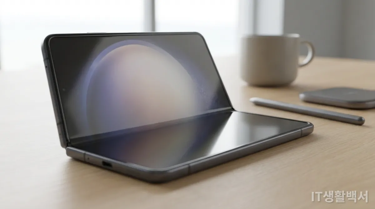 주름이 거의 보이지 않는 폴더블폰의 대화면 디스플레이 클로즈업