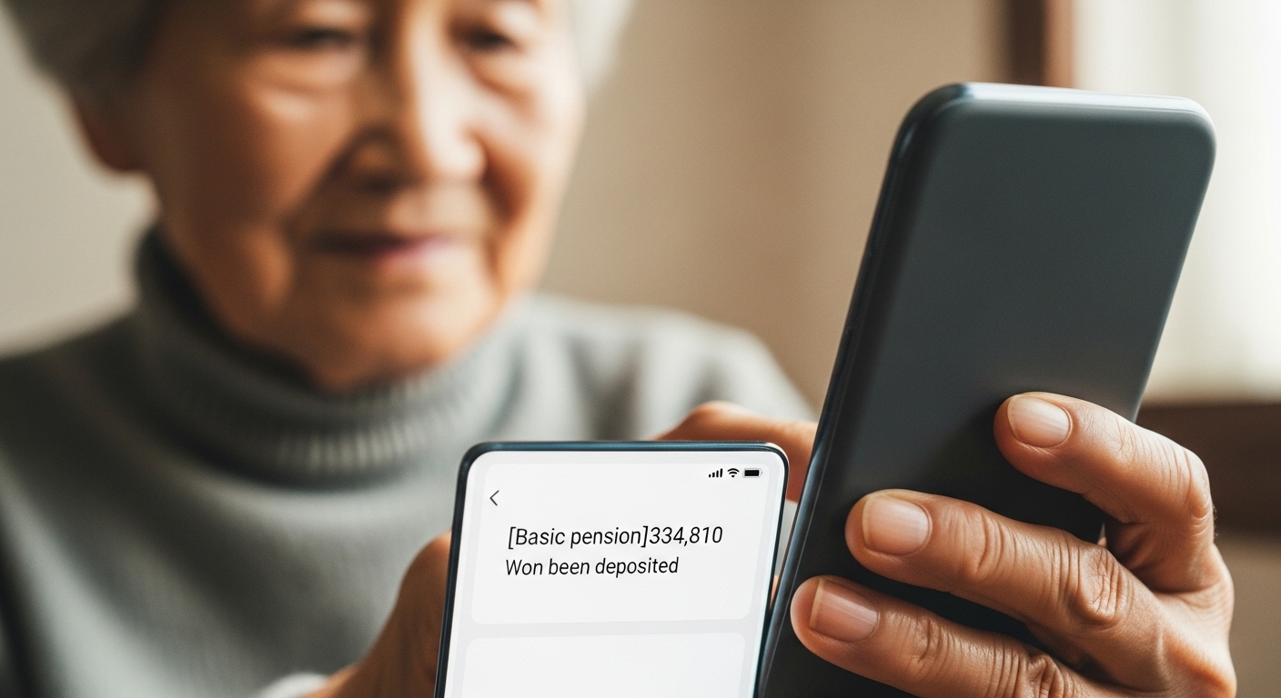 통장에 '기초연금'이 입금된 내역을 보며 흐뭇해하는 노부부의 모습