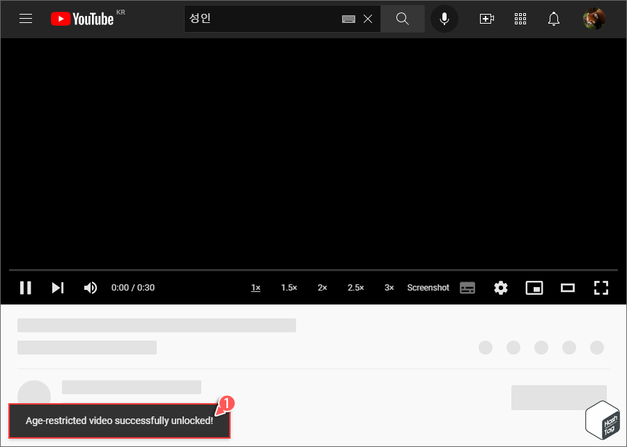 YouTube 연령 제한 영상 재생 > Age-restricted video successfully unlocked! 메시지 표시