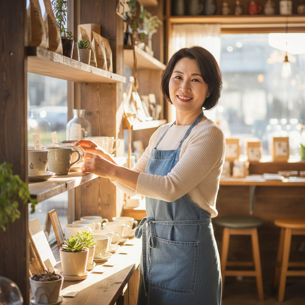 깔끔한 앞치마를 입고 환하게 웃으며 가게를 정리하는 50대 한국인 사장님의 모습 배경은 따뜻한 느낌의 개인 카페나 소품샵