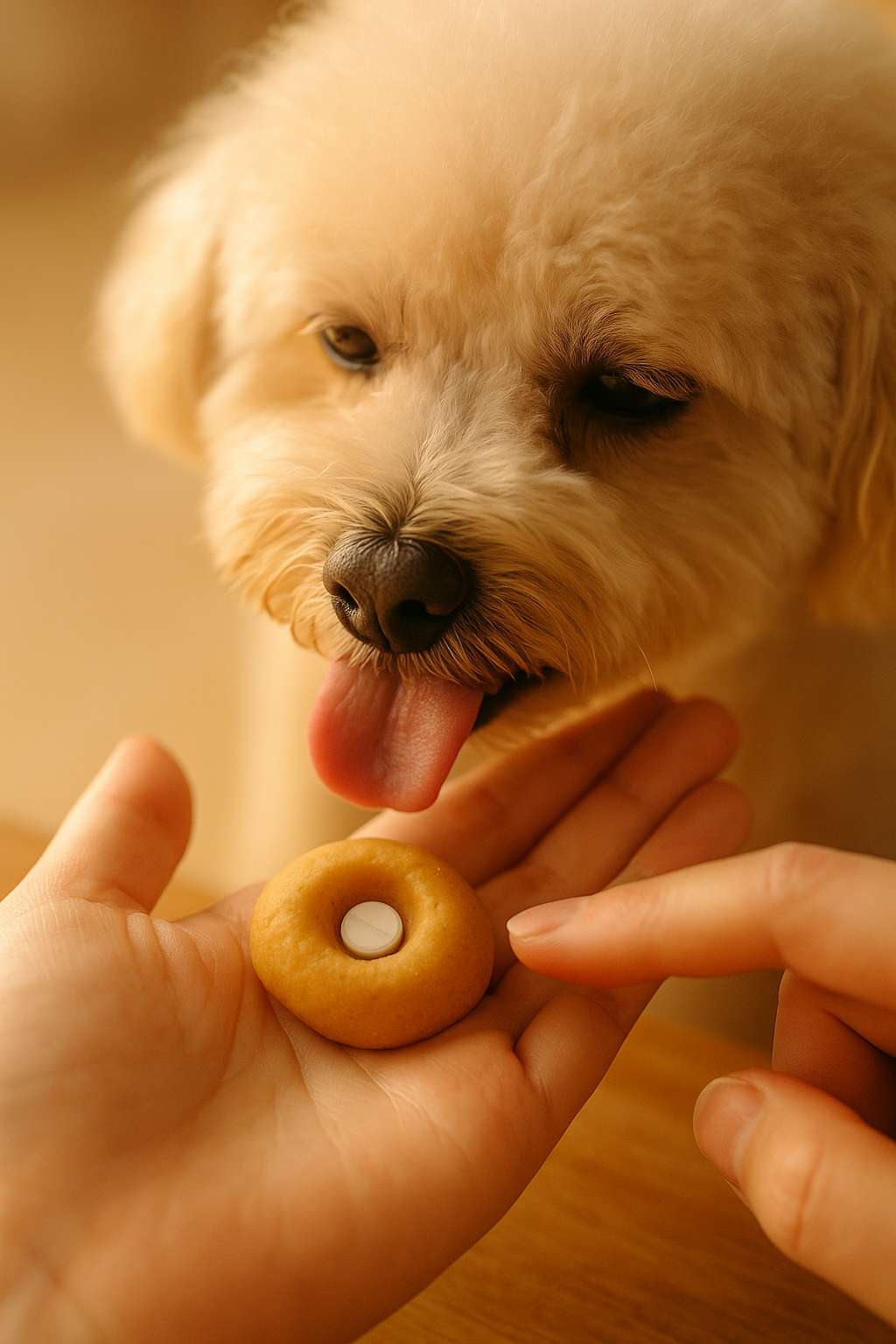 약을 숨긴 필포켓을 손바닥위에 올려놓고 강아지에게 급여하는 모습